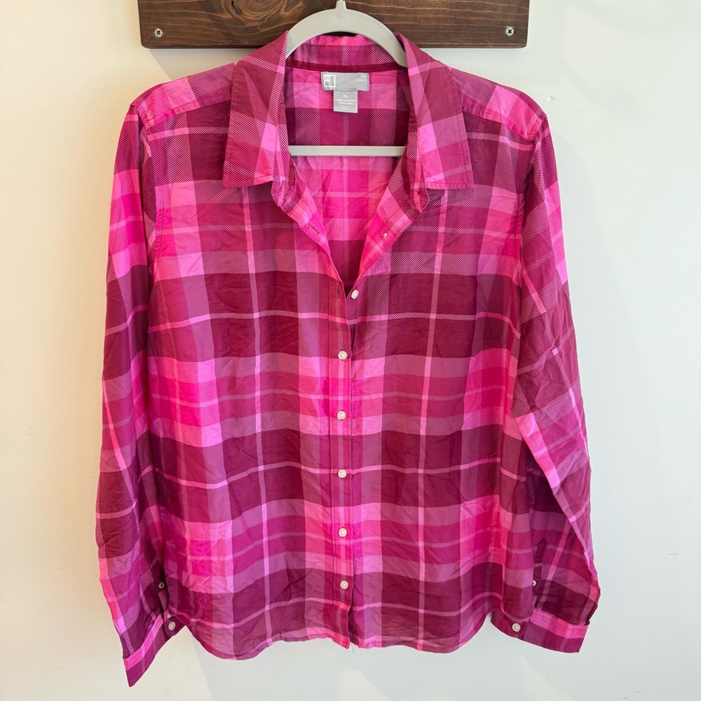Vintage JCP Silk‎ Blend Pink Plaid Button Up XL